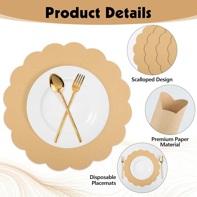 60 Pcs Kraft Paper Placemats, 13.5 Inch Scalloped Placemat Disposable Round Table Place Mats Decorative Paper for Dining Table Birthday Rustic Farmhouse Holiday Party (Pack of 2)