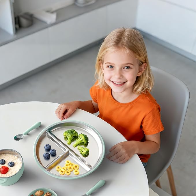 Bakpoco Stainless Steel Suction Plates for Toddlers, 9" Divided Kids Baby Plates with Removable Silicone Suction, Non Toxic Non Slip Portion Control Snack Dishes 4 Packs, Blue Green Gray Pink