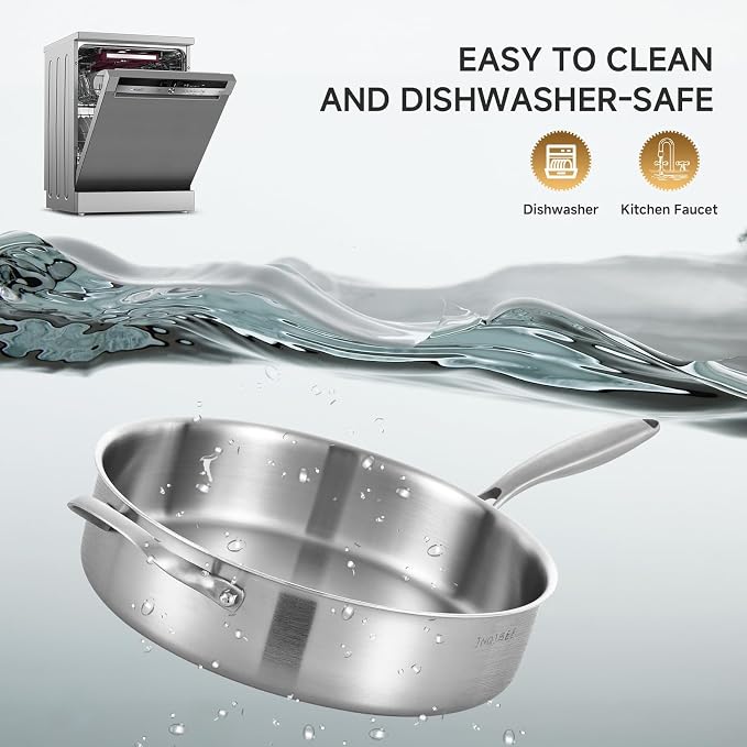 Inqibee 3 QT Tri-Ply Stainless Steel Saute Pan with Lid | Deep Frying Pan with Helper Handle | 12 Inch | Induction Compatible | Oven & Dishwasher Safe | Serves 2–3 People