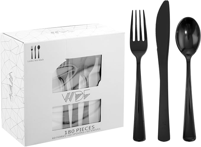 180 Pieces Black Plastic Silverware - Plastic Silverware Set Include 60 Forks, 60 Knives, 60 Spoons - Heavy Duty Black Disposable Cutlery - Disposable Utensils for New Year, Wedding