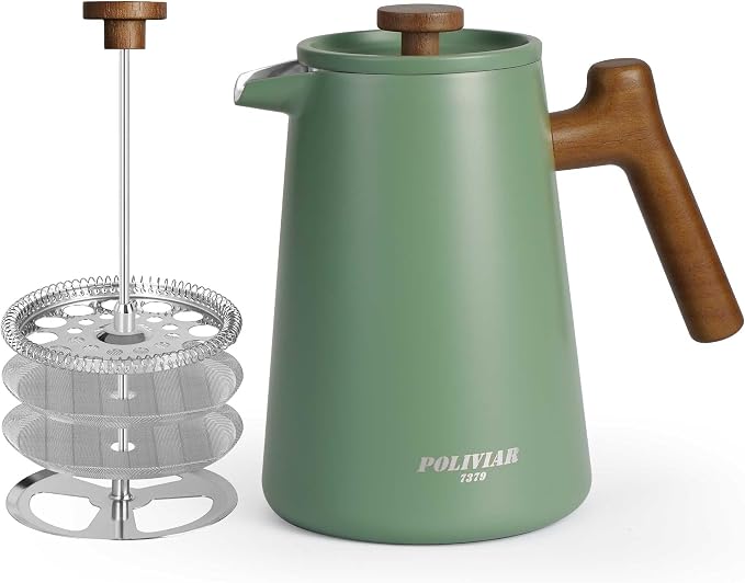 POLIVIAR French Press Coffee Maker, 34 oz | Real Wood Handle, Double Wall Insulation, Dual-Filter Screen, Food Grade Stainless Steel, For Coffee and Tea, Green