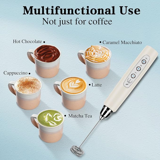 Milk Frother Wand Rechargeable Handheld Whisk Coffee 3 Speed Adjustable | Electric Whisk Drink Mixer with Stainless 3 Whisks Hand Frother , Foam Maker for Latte Cappuccino Matcha Egg Silver