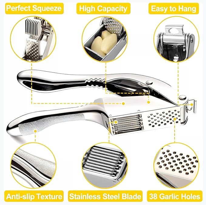Garlic Press and Slicer 2 in 1, Rust Proof & Dishwasher Safe Professional Garlic Mincer Tool, Effortlessly Crush and Mince Garlic with this Ergonomic Handle-Garlic Slicer & Brush ANCQMI(Pear white)
