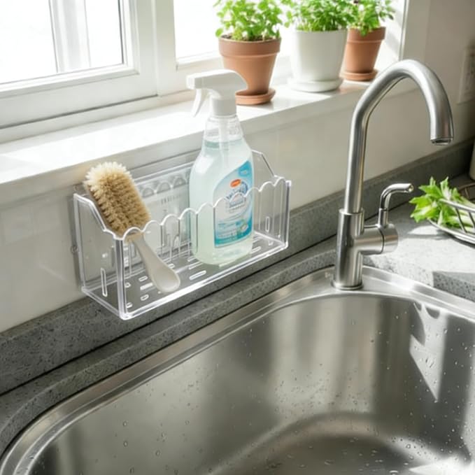 Kitchen Sink Caddy Organizer, Suction Cup Wall Mount Storage Rack for Sponges and Dish Soap (Transparent)