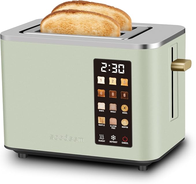 SEEDEEM 2 Slice Toaster with Full Touch Screen, Stainless Steel, 6 Bread Types & 6 Shade Settings, Countdown Display, Removable Crumb Tray, 900W, Green