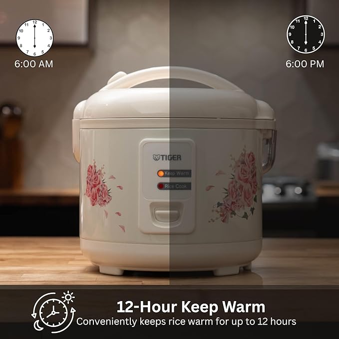 Tiger JAZ-A18U-LF 10 Cup Capacity White Rice Cooker with Non-Stick Inner Pot, Retractable Power Cord, and Keep Warm up to 12 hours (Flower)