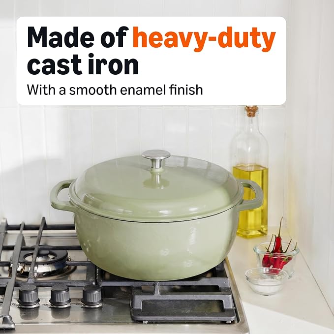Amazon Basics Cast Iron Dutch Oven Pot with Lid, Enameled, Round, Dual Handles, Heavy-Duty, Large, 7.3-quart, Olive