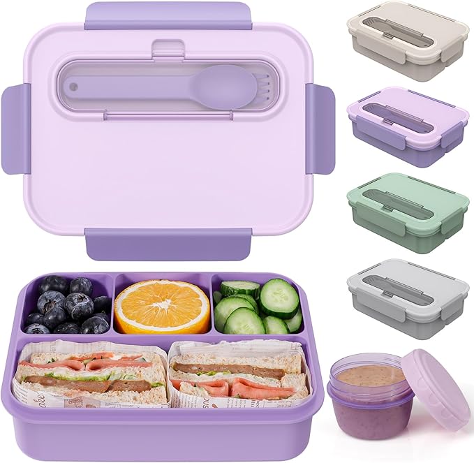 Caperci Bento Box Adult - 50 oz Large Lunch Containers for Adults and Teens, 4-Compartment Bento Lunch Box with Utensils & Leak Proof Sauce Cup, Dishwasher Safe, Durable, BPA-Free (Lavender)