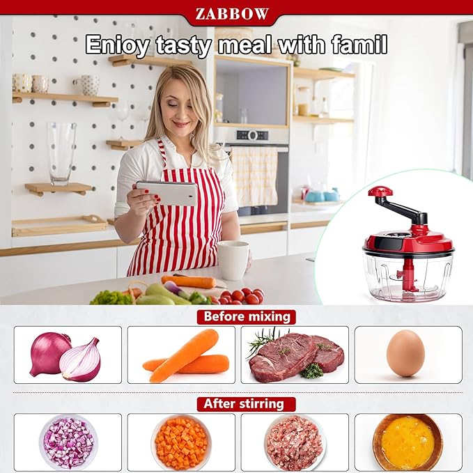 Manual Food Processor,8 Cup Hand Powered Crank Chopper,Mincer Blender with Clear Container,for Vegetables Meat Fruits Onions
