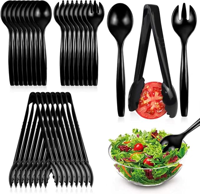 CXPSINC Disposable Plastic Serving Utensils Set 18-Piece, Including 6 Black Plastic Serving Spoons, 6 Tongs & 6 Forks, Disposable Serving Utensils For Catering Buffets Events (Black, 18pcs Utensils)