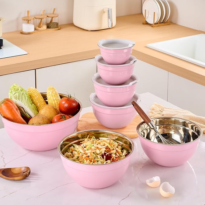 Pink Mixing Bowls with Airtight Lids, Stainless Steel Nesting Mixing Bowls Set of 7, Ideal for Baking, Prepping and Serving Food, Size 7, 3.6, 2.7, 2.1, 1.5, 1.1,0.8 QT, Stackable Design