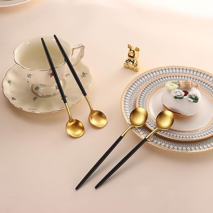 DEHOV 4 PCs 6.7 Inches Brush Gold Stainless Steel 304 Iced Tea Spoons With Black Handle,Long Handle Coffee Stirring Spoon,SS18/10 Matte Gold Black Handle Teaspoons