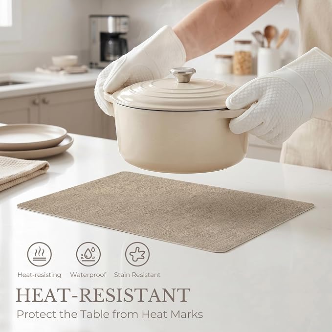 Romanstile Vinyl Placemats Set of 4-12 X 17 Inch - Faux Leather 100% Waterproof Wipeable Anti Slip Place Mats, Heat Resistant Reversible PU Table Mats for Kitchen Dining Party Outdoor, Khaki