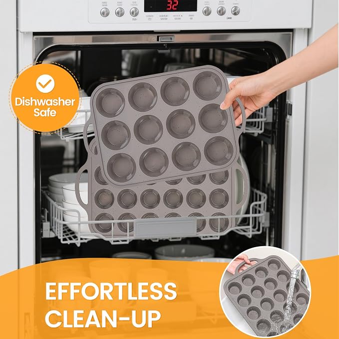 CAKETIME Silicone Muffin Pans for Baking, Metal Reinforced Frame Regular 12 Cups & Mini 24 Cups Cupcake Pan Set Nonstick Muffin Pan for Homemade Baking Easy to Handle