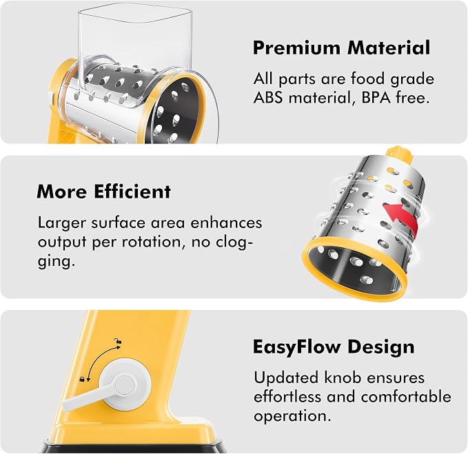 Geedel Upgraded Rotary Cheese Grater Hand Crank, Vegetable Shredder Slicer | 4 Blades, Stronger Suction Base, Wider Chute, 18x Faster Cutting, No BPA, Stainless Steel, for Cheese, Veggies, Nut