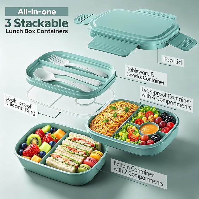 HOMETALL Bento Box Adult with Insulated Lunch Bag - 3 Stackable Leak-Proof Lunch Box Containers for Women & Men - BPA Free Lunchbox with Utensil Set (Spoon, Knife, Fork) for Work, Picnic, Dining Out