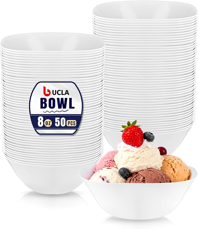 bUCLA 50Pack White Plastic Small Bowls - 8oz Disposable Ice Cream/Salsa/Dipping/Dessert/Sauce/Small Serving Bowls for Party