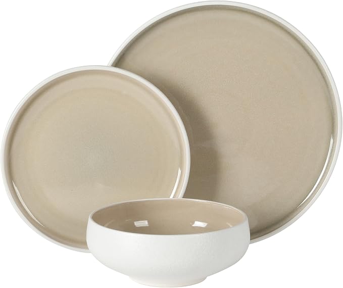 Gibson Elite Pacifco Beach Plates and Bowls Sets, 12-Piece Stoneware Dinnerware Sets, Reactive Glaze Dish Set - Taupe