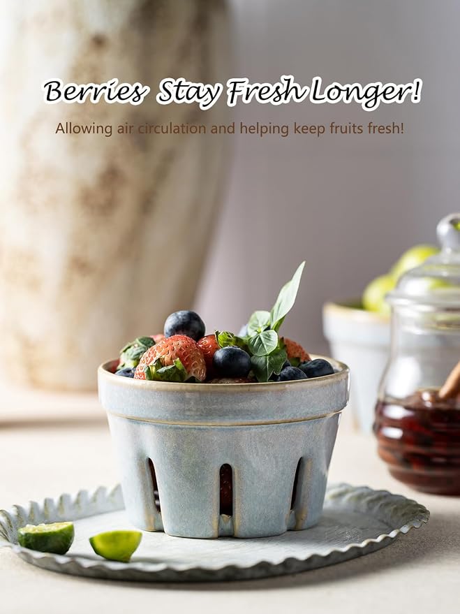 Gomakren Ceramic Berry Basket Set of 2, Small Fruit Bowl Colanders, Gray | Drain Holes Keep Berries Fresh, Stackable, Wash & Serve, Round Strawberry Basket for Fridge Kitchen Counter, Lovely Home Gift