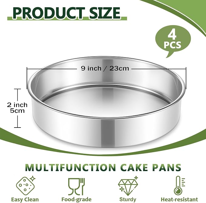 P&P CHEF 9 Inch Cake Pan Set of 4, Stainless Steel Round Cake Baking Pan | Layer Cake Tin Bakeware for Cooking Steaming, Ideal for Birthday Wedding Anniversary, Fit for Home & Commercial Use
