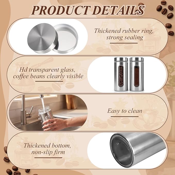 Stainless Steel Coffee Grounds Canisters Container with Shelf | 2 x 50oz, Sugar Coffee Bean Storage Container Set, Airtight Threaded Lid, Glass Window, Scoop, Kitchen Jar for Coffee Bar