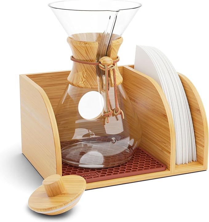 Pour Over Caddy with Lid for Chemex Bodum Cosori Coffee Makers Brown | Handmade Bamboo Stand, Lid, Filter Holder, Heatproof Mat for a Cleaner Coffee Station