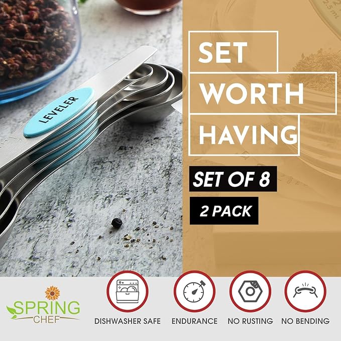 Spring Chef Stainless Steel 8 Magnetic Measuring Spoons, 2 Pack, Aqua Sky | Nesting Metal Teaspoon & Tablespoon Measuring Spoons with Leveler for Dry & Liquid Ingredients, Dual Sided, Dishwasher Safe