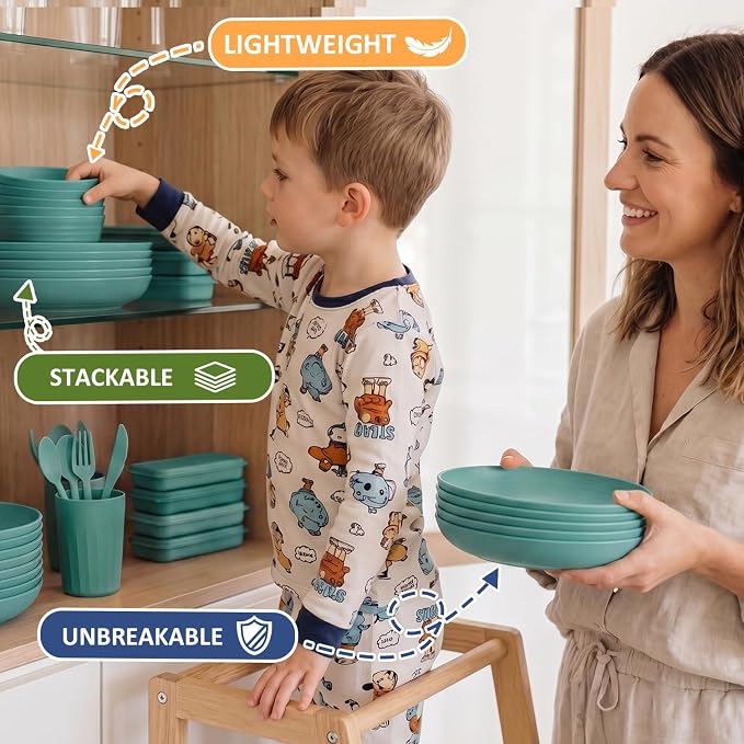 Wheat Straw Plates and Bowls Sets 28 PCS,Chip Resistant Dinnerware Sets for 4,Microwave Safe Dish Sets, Stackable and Lightweight Cup Set, Cutlery Set for Kitchen,Outdoor,Camping(Green)