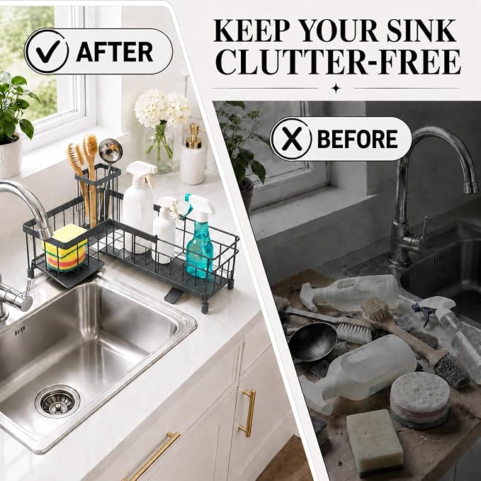 Extendable Corner Sink Sponge Holder, Quick-Drain Caddy for Kitchen Sink, Grey