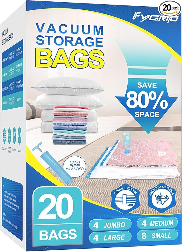 80% Space Saver Vacuum Storage Bags with Hand Pump, 20 Combo | Plastic Packaging Bags, Vacuum Seal Bags for Clothing, Travel Lugggage, Blankets, Comforters