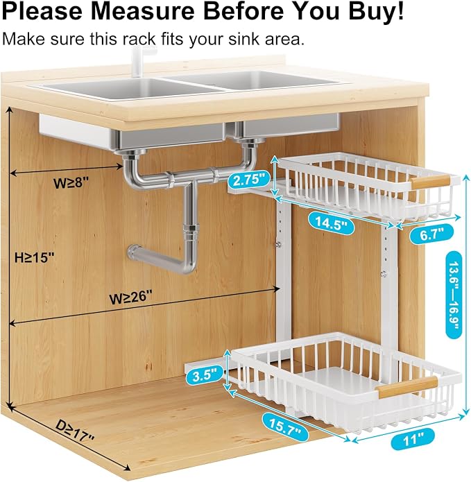 2 Pack Under Sink Organizer, Pull Out Cabinet Organizers, Adjustable Height 2-Tier Metal Slide Out Shelf for Bathroom Under Counter Storage, Kitchen Pantry Laundry Organization Rack, White