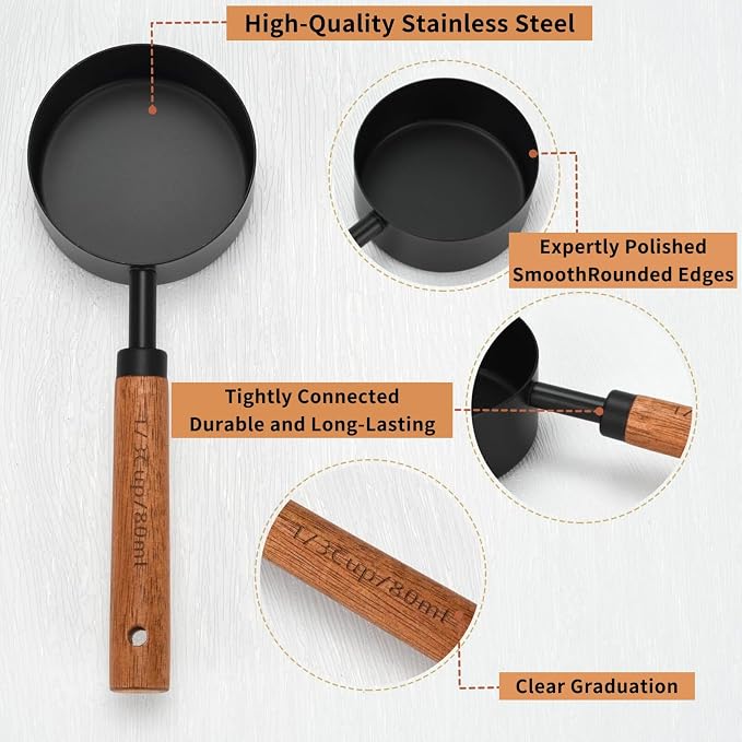 8pc Steel Measuring Set Nonstick Cups Spoons Wood Handle Markings | Food-grade anti-rust stainless steel nonstick easy-clean engraved dual markings hanging wooden handle for baking cooking