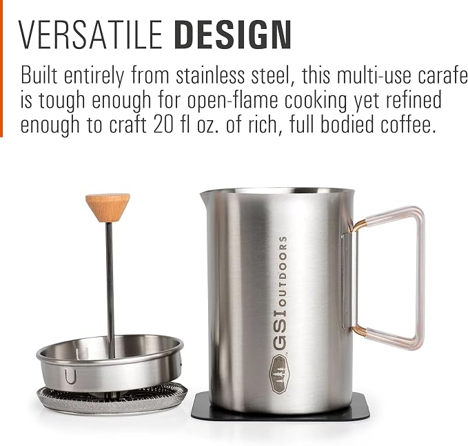 GSI Outdoors Glacier Stovetop Javapress, Stainless Steel French Press Coffee Maker for Camping (20 fl. oz.)
