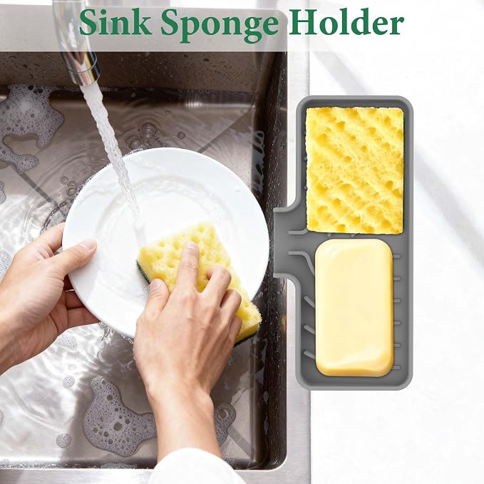GUUKIN Sponge Holder for Kitchen Sink, 10"x 4" Kitchen Sink Organizer, Sink Caddy and Soap Tray,Compatible with Scrub Daddy, Kitchen Sink Accessories (Grey)