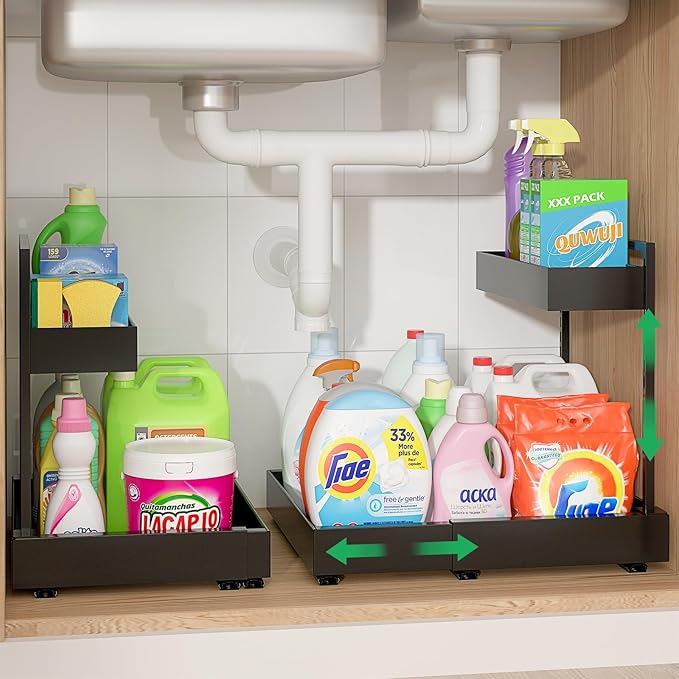 Under Sink Organizer, L-Shaped Pull Out Cabinet Rack for Kitchen | Expandable Width, 6-Level Height, Built For Bathrooms And Laundry Rooms, Quiet Sliding Rails, Duty Alloy Steel Frame,2 Pack