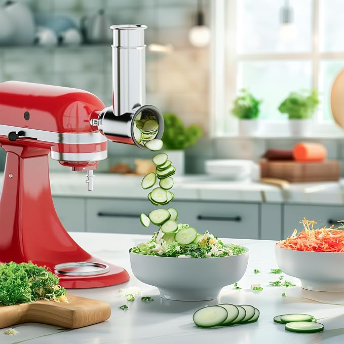 Stainless Steel Slicer Shredder Attachment for KitchenAid Stand Mixer, For Kitchenaid Cheese Grater Attachment, Salad Maker, Grinding Powder, Cheese Kitchenaid Attachment with 4 Blades