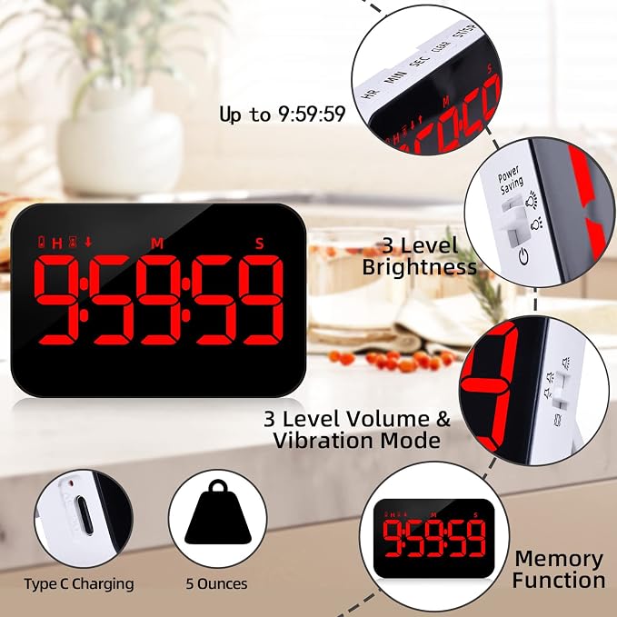 PERSUPER Digital Timer Kitchen Timer Count Down Up Rechargeable Kitchen Gadgets Vibration Mode Adjustable Volume and Brightness LED Display Time Management for Cook, Desk, Kids Adults Study Teaching | Adjustable Volume and Brightness LED Display, Time ...
