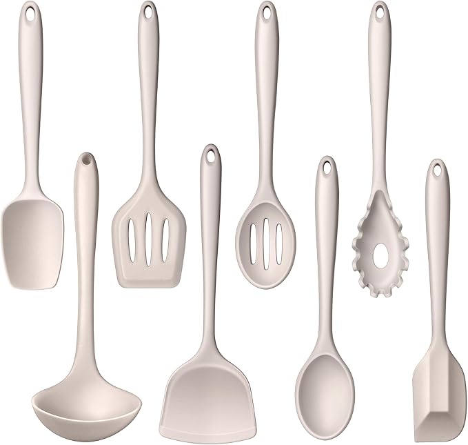 LIANYU Non-Toxic Kitchen Cooking Utensils Set, 8Pcs Khaki Silicone Utensils | Stainless Steel Core, Non-Scratch Spatula Spoon Turner, Heat Resistant & Dishwasher Safe