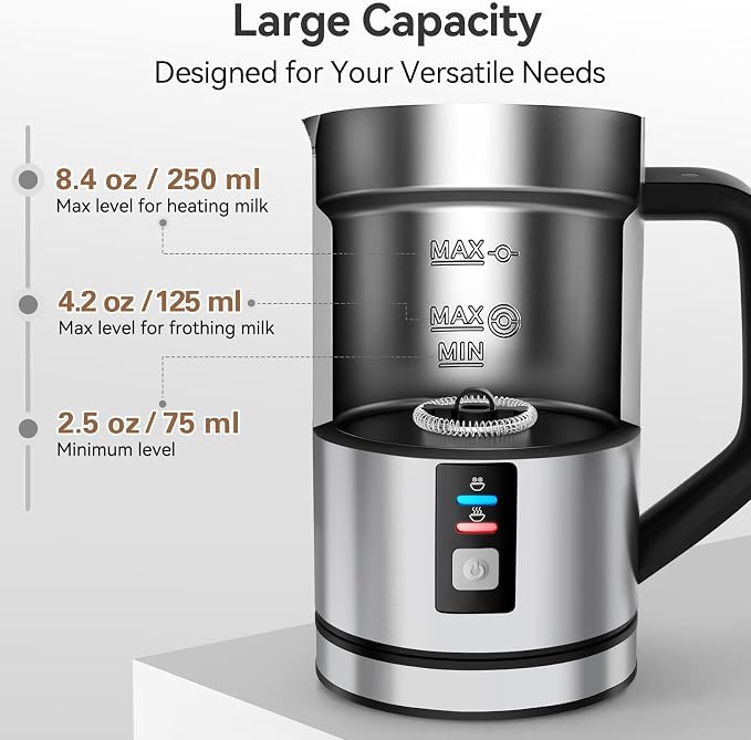 Secura Milk Frother, Electric Milk Steamer Stainless Steel, 8.4oz/250ml Automatic Hot and Cold Foam Maker and Milk Warmer for Latte, Cappuccinos, Macchiato, 120V | Stainless Steel, Easy Cleaning, Strix Temperature Control, One-Touch Operation, Rich & C...