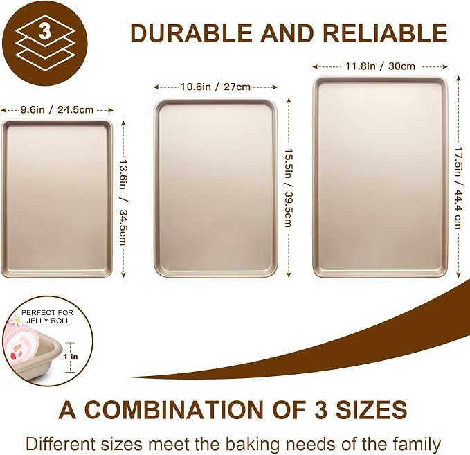 Baking Sheet Pan Set of 3, Nonstick Commercial Cookie Sheets for Baking | Commercial Half/Quarter/Jelly Roll Pans Replacement Toaster Oven Tray, Heavy Duty & Easy Clean