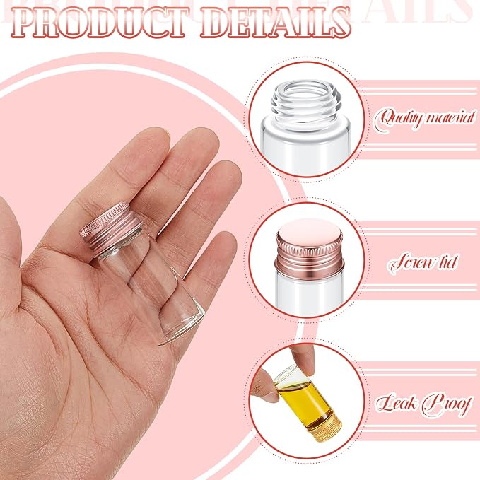 Didaey 100 Pcs Small Clear Vials Spice Mini Jars with Lids Mini Glass Bottles with Screw Aluminum Metal Caps Tiny Jars Sample Containers for Powder Cream Cosmetic Jewelry Wedding (10 ml,Rose Gold)