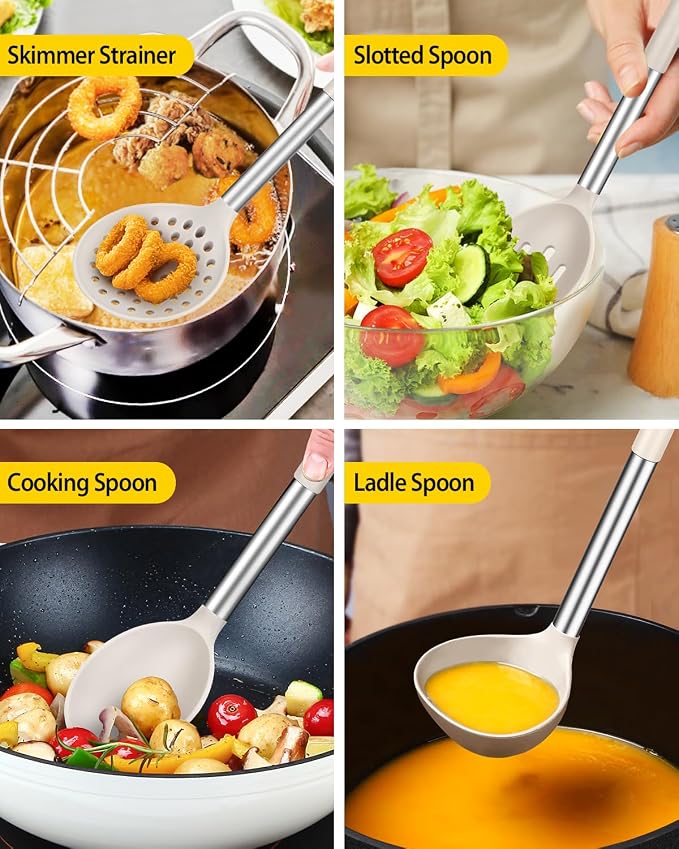 Silicone Cooking Utensils Set, 8 Pcs Kitchen Utensils with Holder, Khaki | BPA Free and Heat Resistant, Kitchen Tools for Non Stick Cookware include Spatulas, Turners, Spoons, Skimmer and Pasta Fork