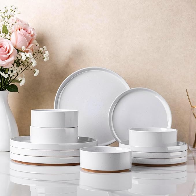 AmorArc Stoneware Dinnerware Sets for 4,12Pcs Plates and Bowls Set | Handmade Ceramic Dish Set,Dishwasher & Microwave Safe,Scratch Resistant-White
