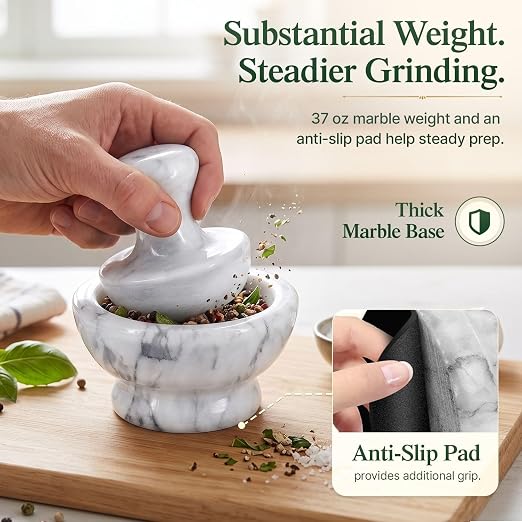Flexzion Small Marble Mortar and Pestle Set, 4-Inch 1/2-Cup Bowl, White | Stone Spice Grinder and Pill Crusher with Mushroom Pestle and Non-Slip Pad for Herbs, Spices, Garlic, Seeds and Dry Pills