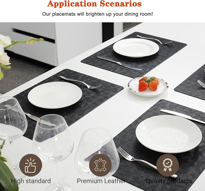 Black Vinyl Placemats Set of 4 Waterproof Wipeable Table Mats | Heat Resistant Easy Clean Place Mats Faux Leather Table Mats Washable PVC Table Placemats for Dining Table