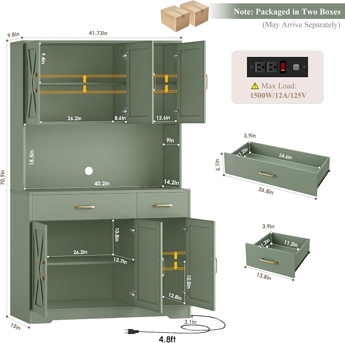 HOSTACK 71"H Kitchen Pantry Storage Cabinet, Farmhouse Hutch Cabinet, Green | Space-Saving Pantry Cabinet with Charging Station & 2 Large Drawers & Adjustable Shelves, Tall Kitchen Hutch, Dining Room