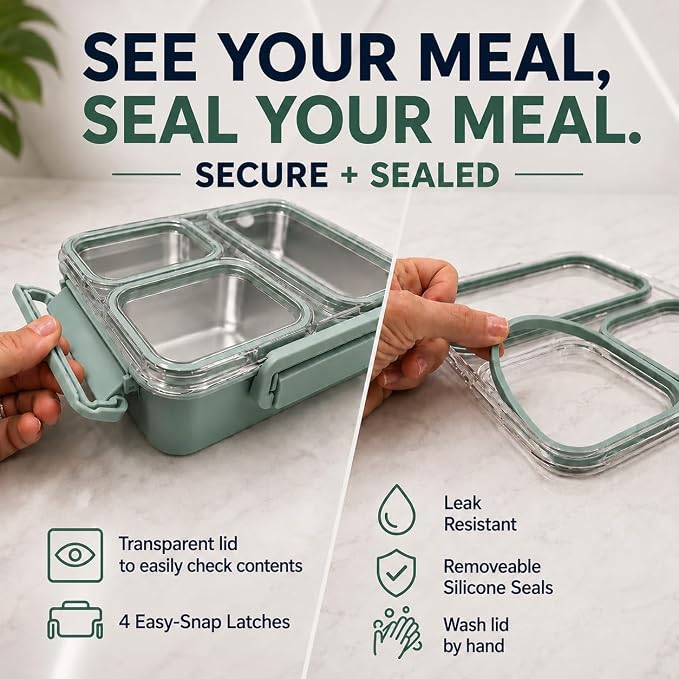 kinsho BIG Bento Lunch Box & Bag, Stainless Steel - Adults Teens Kids Green | Holds 5 Cups in 3 Removable Metal Containers, Silicone Seals, Bonus Lids, Insulated, Utensils, Leakproof for Work School Food
