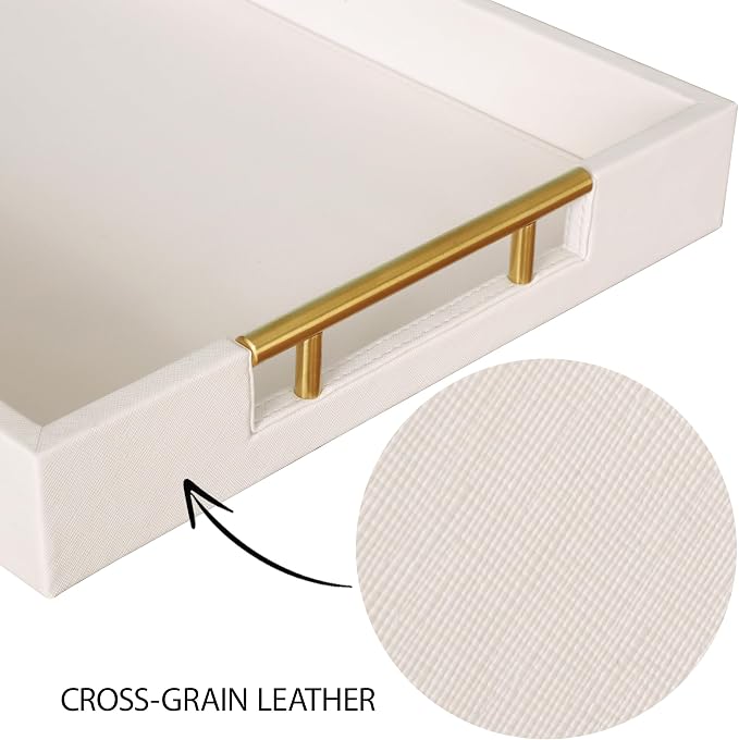 HofferRuffer Faux Leather Serving Tray with Gold Metal Handles, Stylish Decorative Tray Organizer for Coffee Table, Ottoman, Home Decor and Serving (CreamWhite, 16.2" x 12.2" x 2")
