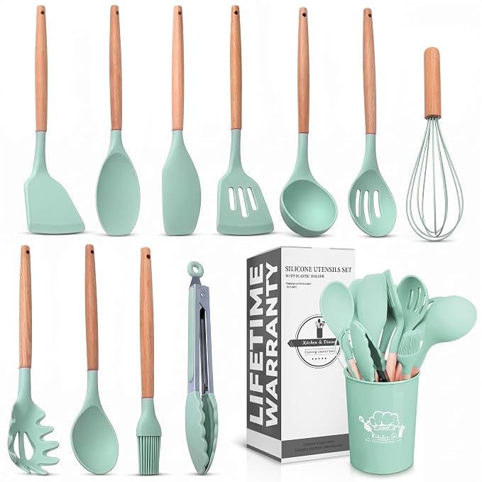 12 Pcs Kitchen Accessories Set with Holder, Silicone Heads (Light Green) | Kitchen Utensils Set for Cooking and Baking; Wooden Handles; Heat-Resistant up to 446°F; Non-Scratch for Nonstick Pans