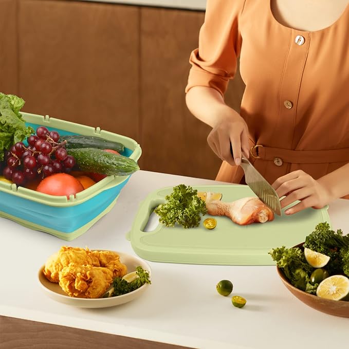 Camping Cutting Board, HI NINGER Collapsible Chopping Board with Colander, 9-In-1 Multi Chopping Board Kitchen Vegetable Washing Basket for Camping,Camping Gifts Camping Accessories for RV Campers